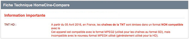 Note indiquant la non compatibilité TNT HD d'un équipement Capture d'écran d'u moteur de recherche'une fiche HomeCine-Compare